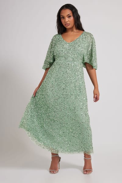 Luxe: Ultimate Embellishment Luxe Maxi Jurk Met Paillettenversiering En Engelmouwen In Saliegroensize 54-56