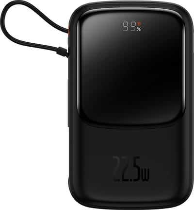Baseus Qpow Digital Display Fast Charging Power Bank 10000mAh 22.5W QC/PD/SCP/FCP with Built-in USB-C Cable Black - 10000 mAh