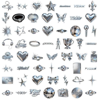 58 Stuks Y2K Trendy 3D Metallic Stickers - Stijlvolle Decals Voor Journal Creatieve Diy Ambachtelijke Versiering Animewerelden Winkel gray