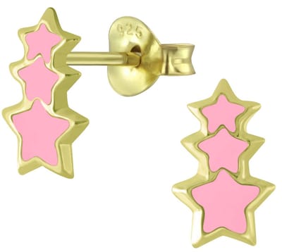 Joy|S - Zilveren ster oorbellen - 3 sterren roze - gold plated