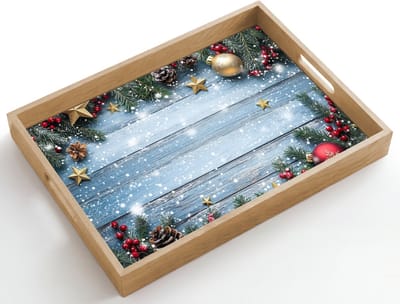 Dienblad hout 50x35 cm - Schootdienblad - Kerstomlijsting - Sneeuw - Meerkleurig - Borrelplank rechthoek - Plateau dienbladen