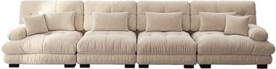 4-zits modulaire hoekbank met diepe zit, Chenille slaapbank comfortabel gepolsterd voor woonkamer, appartement, studio, kantoor, Chenille lichtbruin