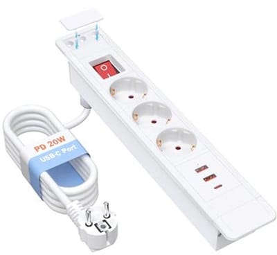 3-voudig tafelstopcontact met USB C 20 W, inbouwstekkerdoos met USB C en 2 USB-A-poorten THOWALL