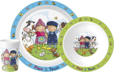 Fien en Teun kinderservies set 3-delig - bord, schaaltje en beker - boerderij - Bambolino Toys