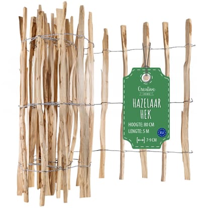Creative Home houten schutting 80cm hoog en 5m lang | hazelnoot schutting | rolschutting | lamelafstand 7-9 cm | schutting tuin Ideaal als gazonrand bloemperk rand gemaakt van hazelnoot