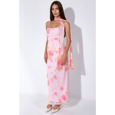 Geprinte Tulle Midi-jurk met Sjaaldetail