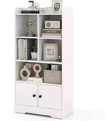 COSTWAY Boekenkast met 2 deuren en 5 vakken, witte boekenkast van hout, staand rek, vrijstaand, kantoorrek, opbergrek voor woonkamer, slaapkamer, 60 x 29,5 x 120 cm
