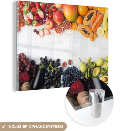 MuchoWow® Glasschilderij 120x90 cm - Schilderij acrylglas - Fruit - Regenboog - Aardbei - Druiven - Papaya - Foto op glas - Schilderijen