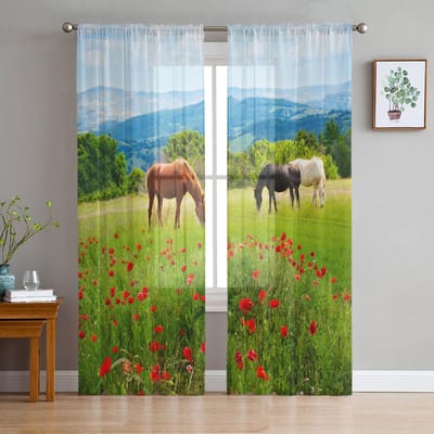 Weide Paarden Bloemen Transparante Gordijnen voor Woonkamer Decoratie Raamgordijnen voor Keuken Tule Voile Organza Gordijnen W135 x H115cm x1 gray