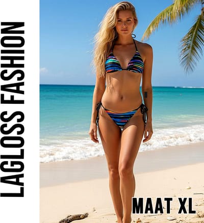 LaGloss® Dames Sexy Kleurrijke Gestreepte Bikini Set – High-Stretch Zwemkleding met Vetersluiting - Levendige Groen/Geel/Oranje Strepen - Modieuze Tweedelige Bikini – Maat XL