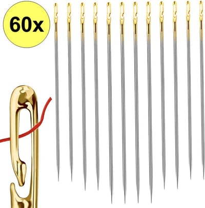 Fako Bijoux - Blinde Naalden Set - Zelfrijgende Naalden - Open Oog Naalden - Zelf Inrijgende Rijgnaalden - Naainaalden - Stopnaalden - Kralen Rijgen - Set 60 Stuks - Goud