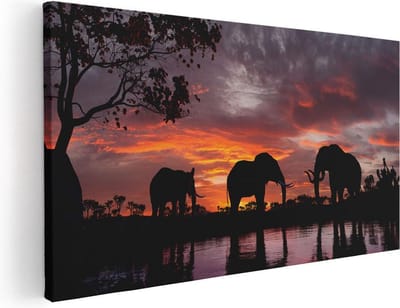 Artaza Canvas Schilderij Olifant - 40x20 cm - Klein - Wanddecoratie Zonsondergang - Muurdecoratie Afrika - Schilderijen Op Canvas