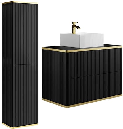 Vente-unique Gestreept zwevend badkamermeubel met vierkante opzetwastafel en kolomkast - Zwart - 80 cm - KELIZA