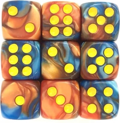 Dobbelsteen | D6 | Dobbelstenen - Set Van 5 Stuks - Blauw Oranje en Goud | Voor D&D en Andere Rollenspellen | Plastic Dobbelstenen Set voor Dungeons and Dragons | RPG | Zwarte Velvet Dice Bag voor Ongeveer 3 Sets