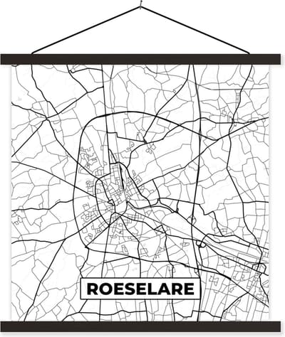 Posterhanger incl. Poster 60x60 cm - Schoolplaat - Stadskaart – Zwart Wit - Kaart – Roeselare – België – Plattegrond - Textielposter - Zwarte latten - Plattegrond