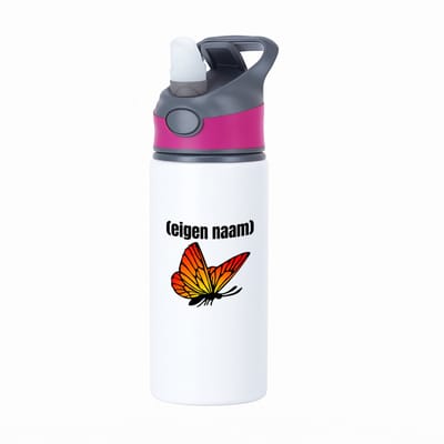 Hacebo® - oranje vlinder met eigen naam waterfles met rietje roze - Vlinder - dieren liefhebber - iemand die houdt van vlinders - verjaardag - cadeau - kado - geschenk - water fles - 650ML