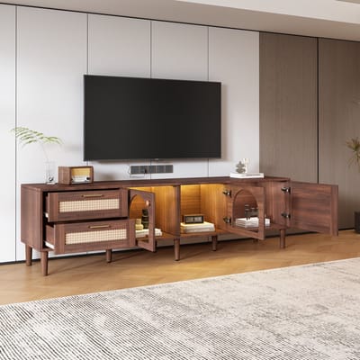 TV Meubel - 180 cm Breed - Rattan en Glas - Voor 80 Inch TV - Met LED Verlichting - Bruin