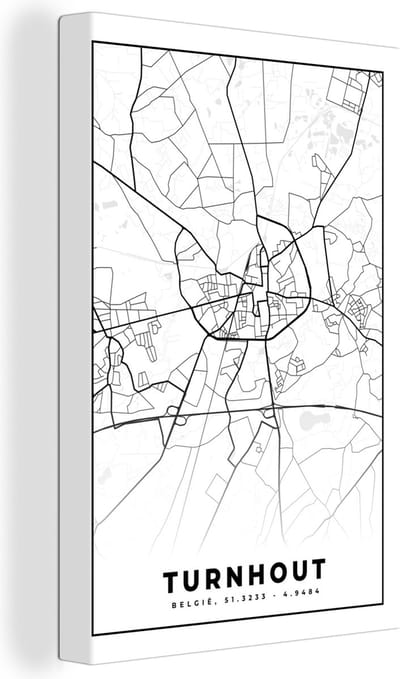 Canvas Schilderij Stadskaart – Zwart Wit - Kaart – Turnhout – België – Plattegrond - 20x30 cm - Wanddecoratie