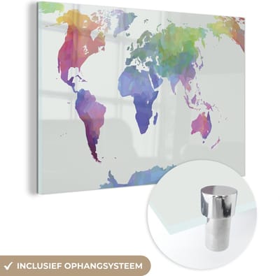 ® Glasschilderij 60x40 cm - Schilderij acrylglas - Wereldkaart - Kleuren - Modern - Foto op glas - Muurdecoratie woonkamer - Wanddecoratie slaapkamer - Schilderijen