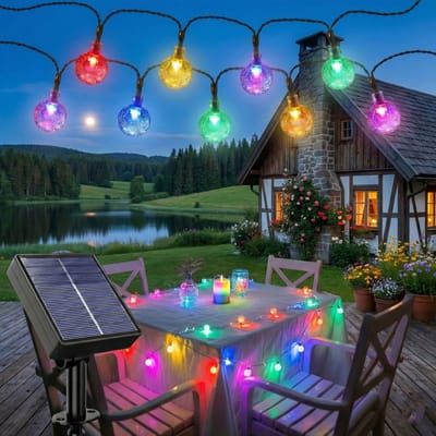 MUPOO Solar Lichtsnoer Buiten IP44 50 LEDS - Geheugenfunctie - Automatisch aan- 8 Lichtmodi - Prikkabel- Lampjes Slinger -Tuinverlichting op Zonne-energie-- Feestverlichting voor Tuin, Feest, Terras - 9.5 Meter - Multicolor