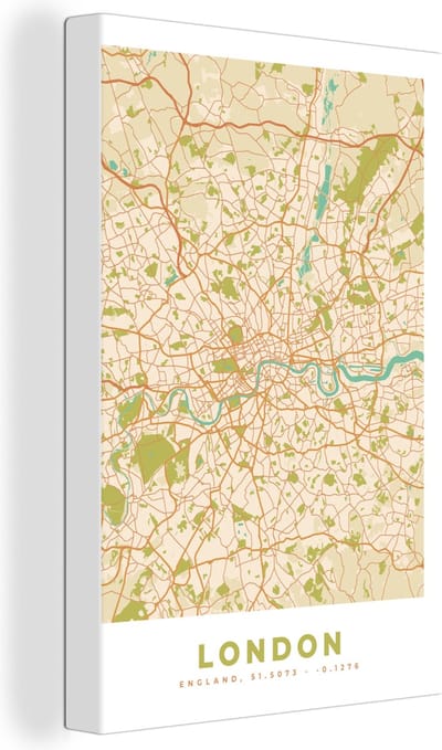 Canvas Schilderij Londen - Stadskaart - Plattegrond - Vintage - Kaart - 20x30 cm - Wanddecoratie