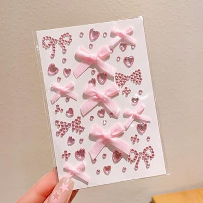 Kawaii 1 Stuk Kant Strik Hart Strass Decal Gezicht Sticker Decoratie, Geschikt Voor Feest En Festival roze