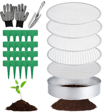 SnelShoppen - Ronde Tuinzeef 5-in-1 RVS met 5 Verwisselbare Zeefinserts 3, 6, 9, 10, 12 mm, Compostzeef, Tuinschep en 20 Plantlabels met Tuinhandschoe