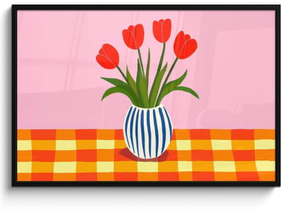 Poster in lijst - Fotolijst 120x80 cm - Posters - Tulpen - Roze - Vaas - Posterlijst zwart - Decoratie - Wanddecoratie woonkamer - Muurdecoratie slaapkamer