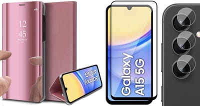 Hoesje geschikt voor Samsung Galaxy A15 - Screenprotector Volledig Dekkend Glas & Camera - Spiegel Book Case Rosegoud