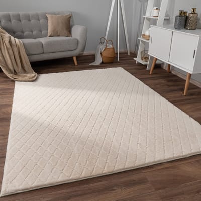 Flycarpets Zacht fluffy vloerkleed - Arinzo Geruit Crème - 80x150 cm - Hoogpolig Tapijt Gang / Slaapkamer / Kinderkamer