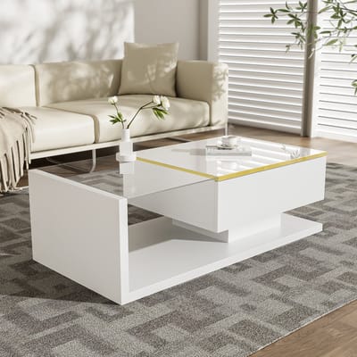 MODENUIT Salontafel - Glazen Blad Met Ledverlichting En Opbergruimte - Voor Woonkamer - Spaanplaat Wit - 100x50x32,5 Cm