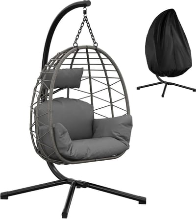 Hangstoel met Standaard - Rotan - 150 kg Draagvermogen - Binnen & Buiten - Met Beschermhoes - Grijs