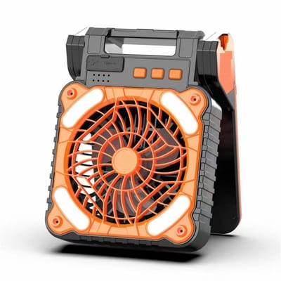 Op zonne-energie werkende campingventilator met ingebouwde oplaadbare batterij van 7800 mAh, dubbele stroomvoorziening, draagbare ventilator met timer en ledverlichting, geschikt voor thuis en buitenshuis, oranje.