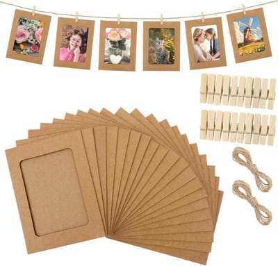 Set van 20 Kraft Papieren Fotolijsten met 20 Houten Klemmen, Ideaal voor Thuis, School en Feestjes, 11.5 x 15.5 cm, Creatieve DIY Fotoprojecten