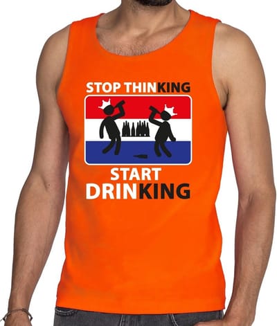 Stop thinking start drinking tanktop / mouwloos shirt oranje heren - Koningsdag kleding S