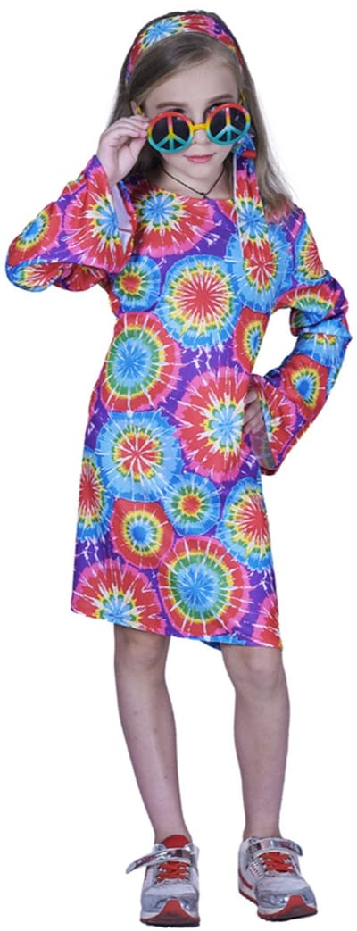 Kostuum Meisjes Hippie – 7-9 Jaar – Inclusief Jurk en Hoofdband – Carnaval & Verkleedkleding