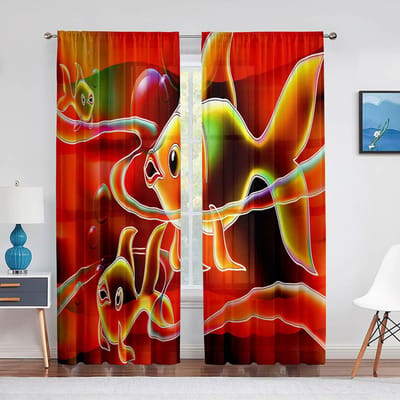 Koi Vis Inkt Schilderij Goudvis Transparante Voile Gordijnen Raamdecoratie Chiffon Tule Gordijn voor Keuken Woonkamer Slaapkamer Gordijn 1 PCS W100XH250cm&Grommet Top