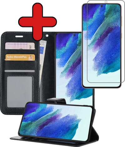 Hoesje - Met Screenprotector - Geschikt voor Samsung Galaxy S21 FE - Luxe Pasjeshouder - Flipcase - Bookcase Portemonee - Flip Case - Kunstleer Book Case - Book Cover - Walletcase - Portemonneehoes - Telefoonhoes - Zwart