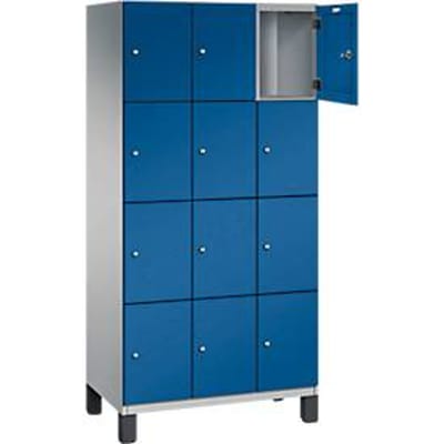C+P Cambio lockerkast, 3 vakken, 12 vakken, op poten, B 900 x D 525 x H 1980 mm, blank aluminium/ gentiaanblauw