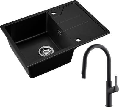 DERW MAX Granieten spoelbak - Spoelbak Keuken Met U-Uitloop Keukenkraan - spoelbak 65 × 45cm - Spoelbak Keuken - Wasbak met waterafvoersysteem