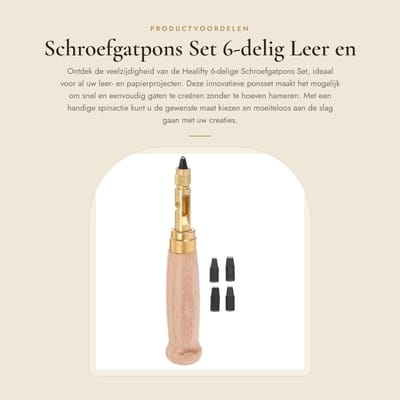 Dailygoods- Lederen Perforator Automatisch - 6 Tips - Houten Handvat - Diverse Maten - Handgereedschap - 13 x 2 x 2 cm