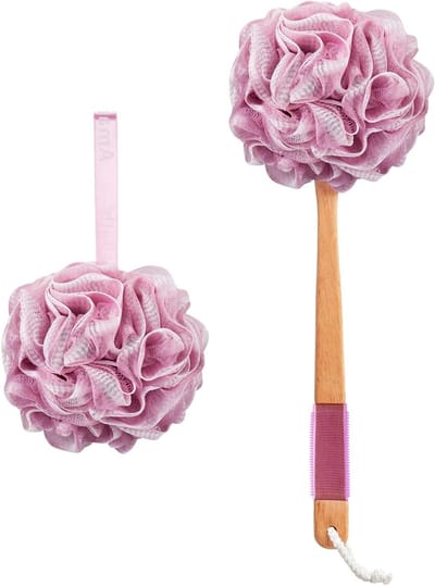 Douchespons met handvat - Lichaamsscrubber - Rug reinigen - Zacht PE materiaal - 43 cm lang - Roze