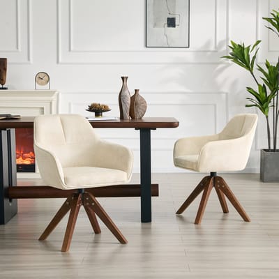 Eetkamerstoel - 2-delige set - 360° draaistoel ergonomische rugleuning - eetkamer - stof + hout - crème / walnoot