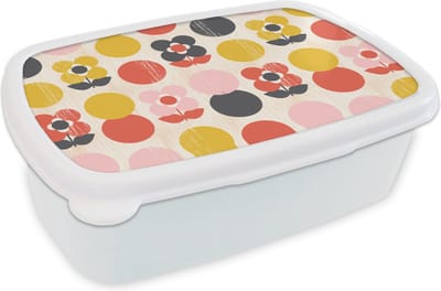 Broodtrommel Wit - Lunchbox Retro - Design - Bloemen - Pastel - Brooddoos 18x12x6 cm - Brood lunch box - Broodtrommels voor kinderen en volwassenen