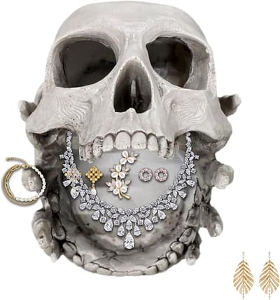 Sieradenorganisator Schedel - Opbergtoren Display - Sieraden Opbergen - Uniek Gotisch Design - 18.2 cm Hoog - Zwart
