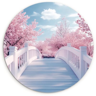 WallCircle® Wandcirkel 120x120 cm - Muurcirkel Brug - Kersenbomen - Wit - Muurdecoratie woonkamer - Wanddecoratie slaapkamer - Kamer decoratie accessoires - Ronde schilderijen XXL
