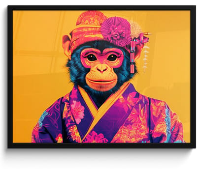Poster in lijst - Fotolijst 70x50 cm - Posters - Aap - Kimono - Bloemen - Hoofdtooi - Posterlijst zwart - Decoratie - Wanddecoratie woonkamer - Muurdecoratie slaapkamer