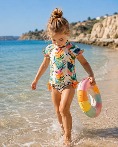 Ducksday - UV-shirt - Bikinibroek - Zwemset met omkeerbare bikinibroek - voor meisjes - UPF 50+ - Tweedelig - sneldrogend - Moana - Maat 98/104 - 4 jaar