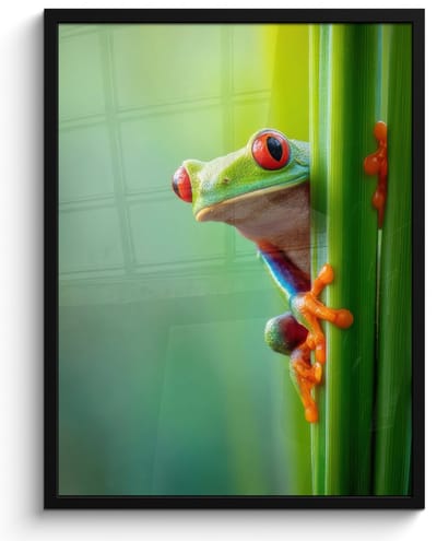 Poster in lijst - Fotolijst 50x70 cm - Posters - Groene kikker - Nieuwsgierig - Gras - Posterlijst zwart - Decoratie - Wanddecoratie woonkamer - Muurdecoratie slaapkamer