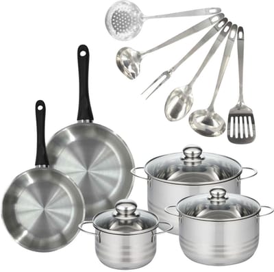 Set 2 pannen 20 24 cm, 3 kookpotten 16, 20 en 24 cm roestvrij staal en 6 roestvrijstalen keukengerei Fackelmann Geneva